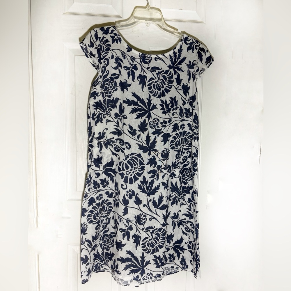CHARLIE B 100% Linen Navy Floral Midi Dress Sz L